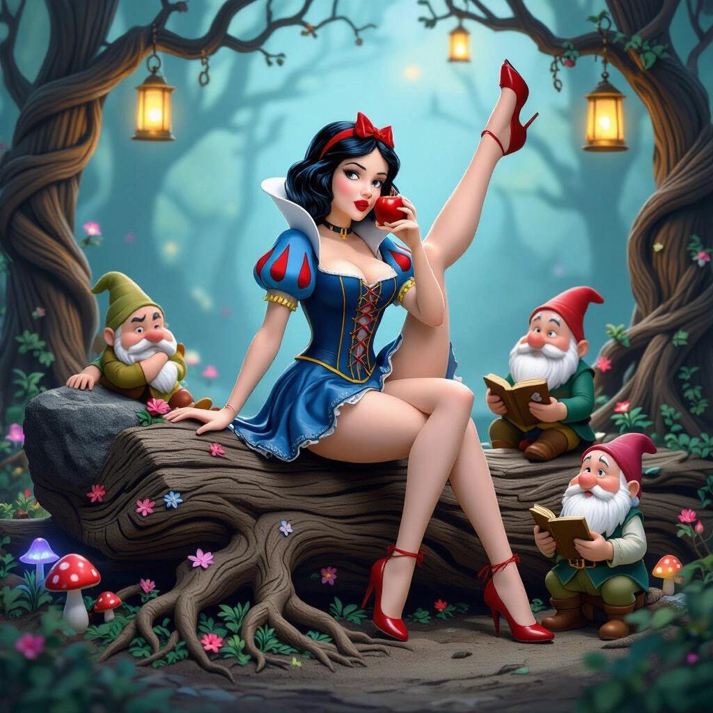 Figure of Snow White sitting on a log holding a red apple. She has snow-white skin and red lipstick. Her black hair is adorned with a red ribbon. Legs crossed in sensual manner. Dwarves around her; one sleeping one looking annoyed one reading and one giving a flower. The setting has glowing mushrooms and lanterns. Highly detailed resin sculpture.
