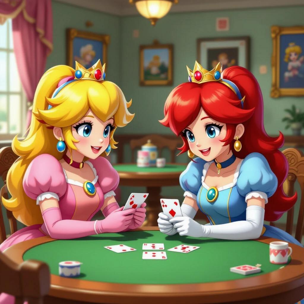 Princess Peach and Daisy play cards at a table in a colorful room. They sit across from each other with laughter and strategy. Princess Peach wears a pink gown while Princess Daisy wears a blue gown.