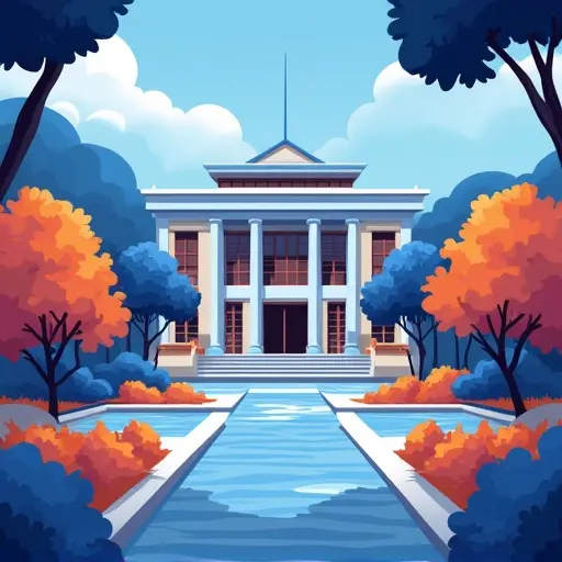 Beautiful UI background for a school. Features a well-maintained pathway leading to a school building. Surrounding trees and plants add color and vibrancy to the scene. Premium and minimalistic feel suitable for a website UI.