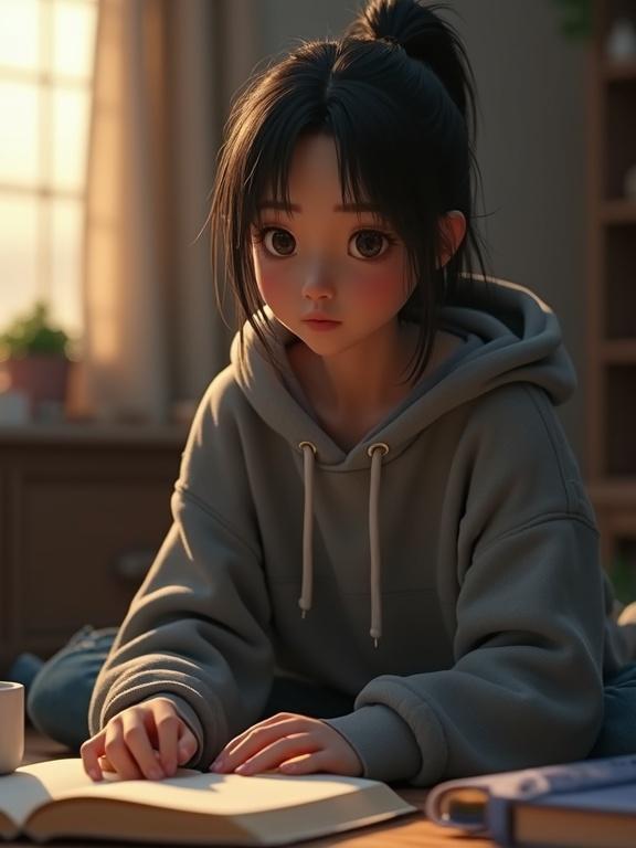 3D rendering of a young Korean woman in a rooftop room. She wears a gray hoodie over a flannel shirt and frayed jeans. Her long black hair is in a loose ponytail. The scene has warm lighting, soft shadows, and detailed textures. She sits by her alarm clock and textbook, with fatigue on her face.
