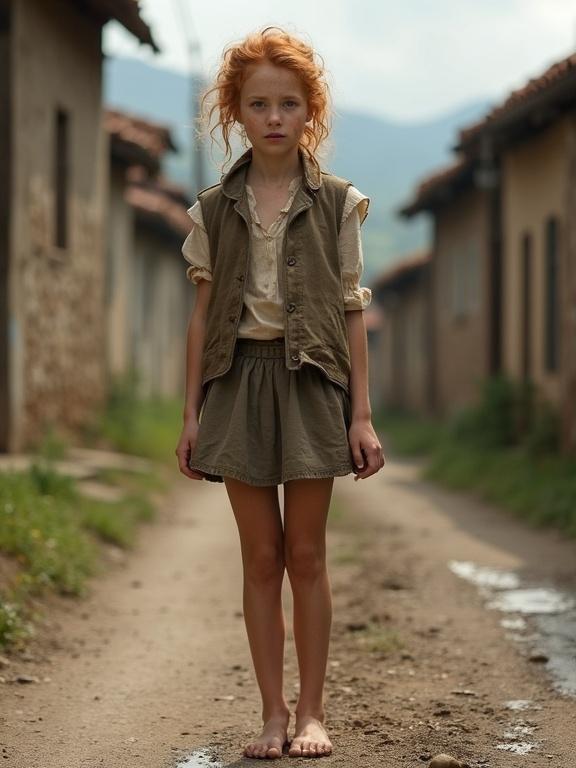 Young female is wearing a dirty worn canvas miniskirt and vest. She stands on a curvy uphill street in Eastern Europe. The road is dirt with puddles. She has ginger hair, freckles, and brown eyes. Her skin is tanned and has a round face. The girl is barefoot.