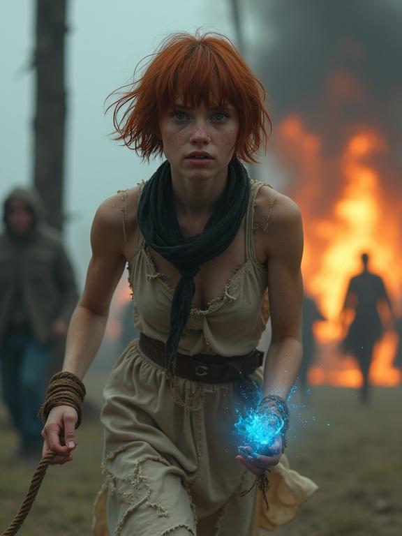 Photo of a frightened young woman with short auburn hair. She has pale skin, freckles, and blue eyes. Wearing a tattered dress, she runs from a burning structure with magic in her hand. Flames and chaos surround her in a forested area.
