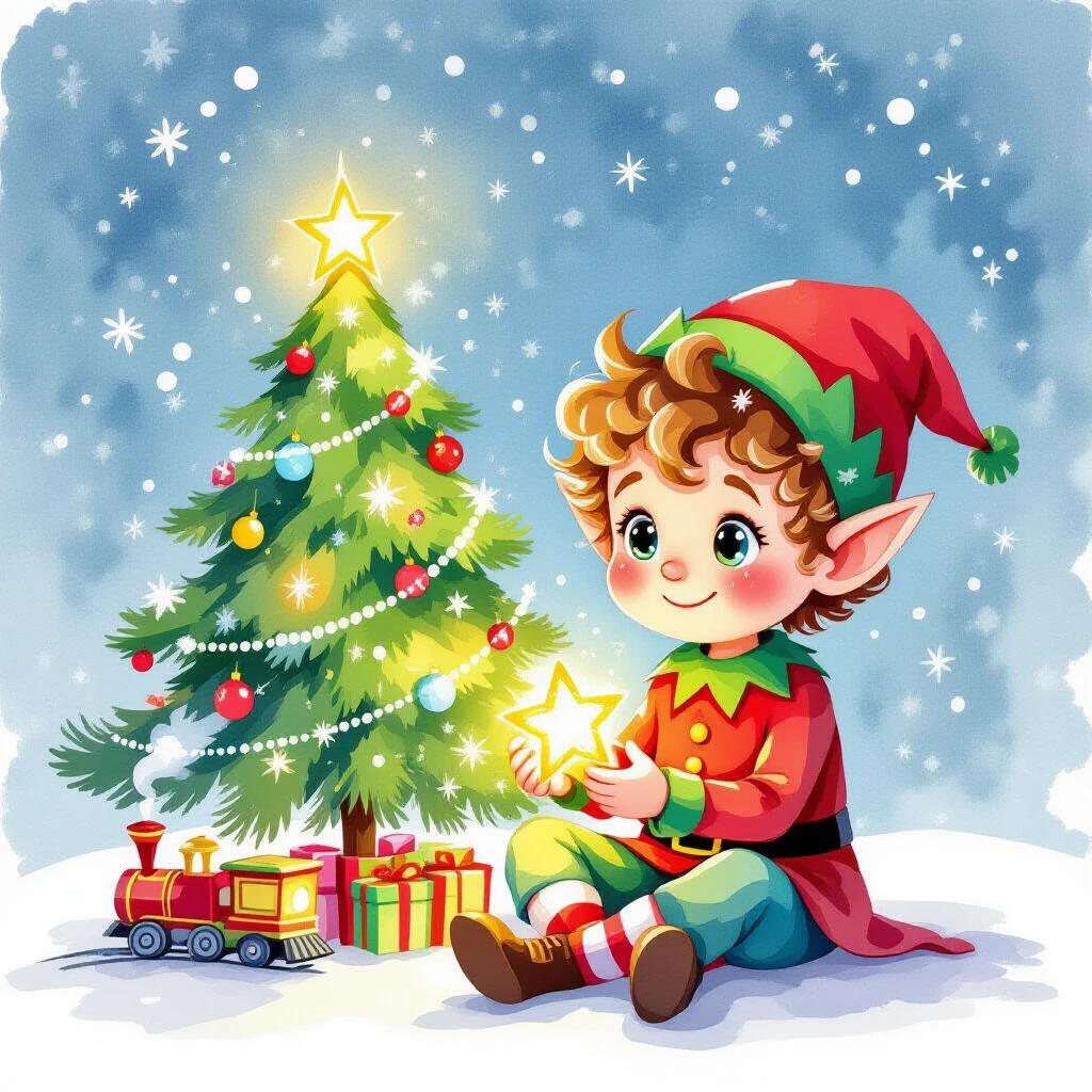 A cheerful little elf sits cross-legged in front of a Christmas tree. He wears a red and green outfit. He holds a glowing Christmas star. A toy train circles the tree. Snowflakes fall from the sky. Background is white. The art is bright and colorful with soft lines.