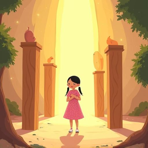 Soft flat-style cartoon illustration for a children’s picture book. Dreamlike spiritual space glows warmly with a sense of return. Layla (5–7 years old) wearing pink dress with white polka dots stands in the center placing the fifth symbolic wooden pillar. Five beautifully carved wooden pillars behind her. Scene transforms with growing trees, flying birds, flowing water, and sparkling light. Layla places pillar reverently with hand on chest and eyes closed. Moment is magical and still. Lighting is golden and dreamy.