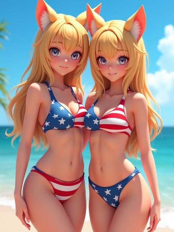 Two anime girls with feline ears are posed together. Both wear USA flag-themed swimsuits. The setting features an ocean background creating a summer vibe. Beautiful lighting enhances the details. 4K realism is depicted in this digital art piece.