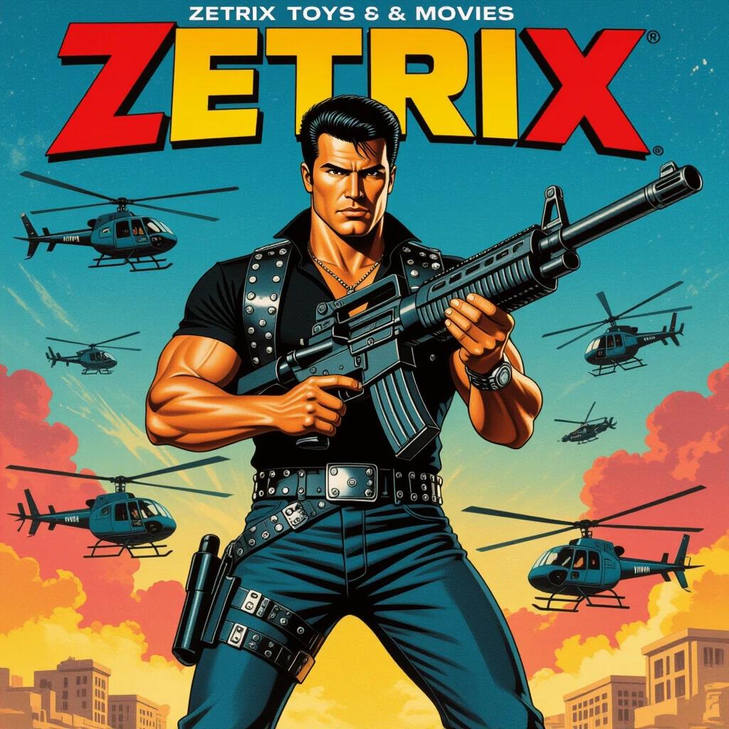 Action movie poster featuring a muscular hero in a black shirt with rivets. Full body view with a large gun. Background shows helicopters. Bright and vivid colors. Retro 80s style. Intended for toys and movies.