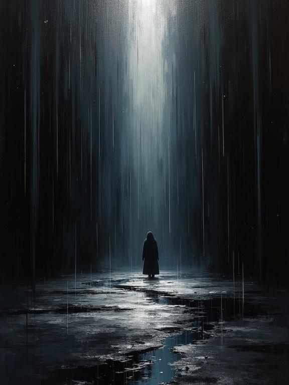 Digital oil painting with harsh paint strokes. Black background with cubism. Unfinished elements and flat colors. Unique silhouette design. Minimalist style with formless shifting voids of color. Shadows revealed by rain layers. Hollowed floor showing black void beneath. Gaping fissures in the ground.