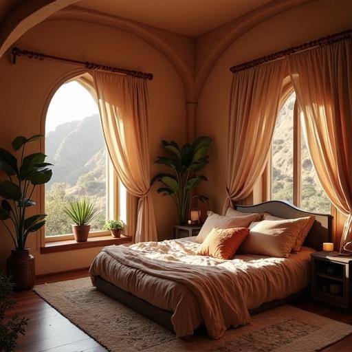 Cosy bedroom decor inspired by Naboo from Star Wars. Features large windows with scenic views of hills. Warm lighting and lush plants placed near the windows. A comfortable bed with soft cushions takes center stage.