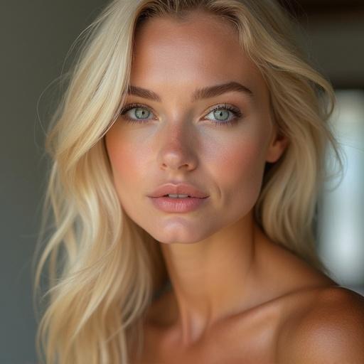 Close-up portrait of a beautiful blonde woman with natural makeup and soft lighting.