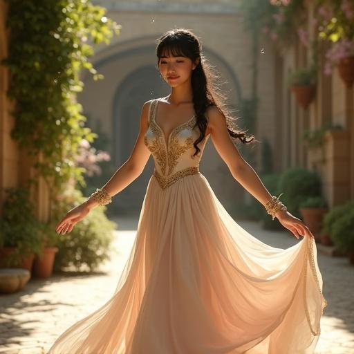 A portrait of a young noblewoman in a medieval gown. She has porcelain skin and black hair styled in a braid. The dress is ivory and blush silk with golden embroidery. She is dancing in a courtyard filled with flowers and vines. Soft afternoon light creates a warm atmosphere. The mood is elegant and serene.