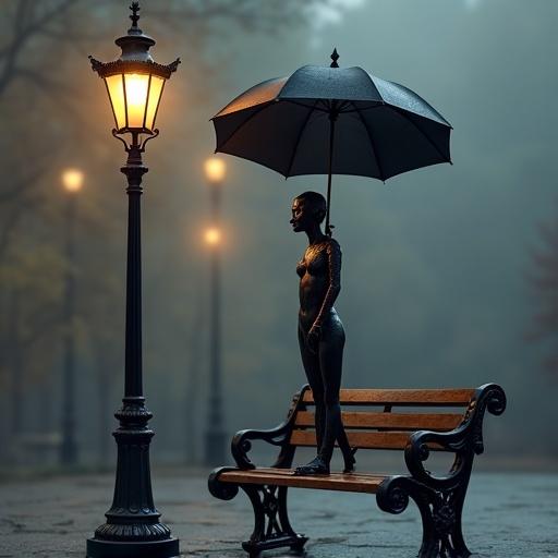 An image of a light post with human features holds a black umbrella over a whimsical iron cast bench in a serene setting.