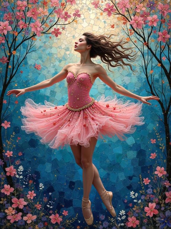 A ballerina in a pink tutu dances gracefully. The background is a mosaic of glass and ceramic tiles featuring floral patterns. The scene is ethereal with an abstract quality.