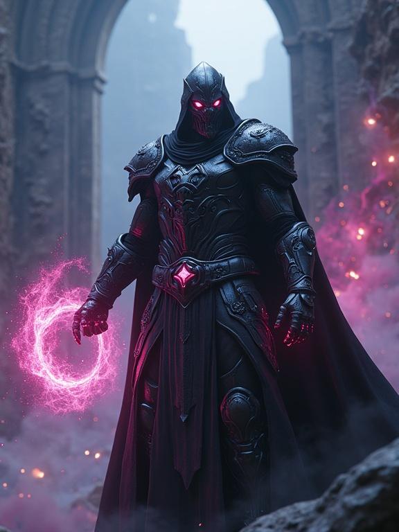 A fearsome warlord in black chrome armor with void runes. One gauntlet holds a swirling vortex of darkness. The other crackles with arc-flux. Behind is a shattered Ley-Tech Core Vault with prismatic smoke. The scene is ultra-detailed, photorealistic, with cinematic lighting and effects. Title text says 'VOIDFORGED TYRANT'.