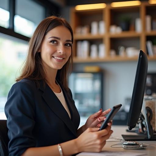 Create an attractive, modern artwork focusing on technology featuring a professional woman using a tablet and pointing at a computer in a commercial setting. Include text 'Complete system for your business' and secondary text about integration with Mercado Pago, Mercado Livre, and WhatsApp. Incorporate a logo of dtecnica.com with corporate colors.