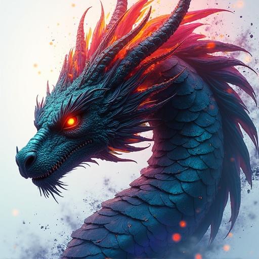 Majestic dragon character design Art style displays vibrant colors Dark theme close-up image Dragon has crystal scales Fire-like mane Background is simple and white