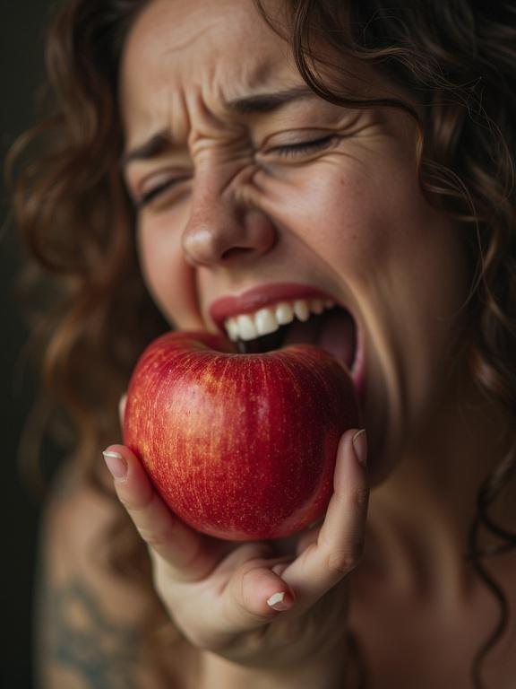 Woman biting an apple with a dramatic expression. Apple appears to be in agony. Close-up shot captures emotional intensity.