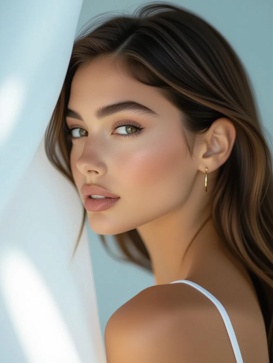 Photograph of a young woman with light skin and dark brown hair. She faces to the left, showing her profile with a confident expression. The background is a blurred gradient of light blue and white. A translucent white layer adds depth. The woman's bare shoulder is visible with smooth skin and glowing texture. Soft, diffused lighting highlights her features. The camera angle is slightly below eye level. The composition follows the rule of thirds with her face positioned in the upper left.