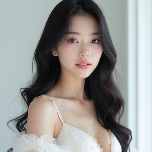 Hyper-realistic photography of a young Korean female idol. Captured with a Canon EOS R5 and 85mm lens. She is beautiful, embodying Korean beauty standards. Flawless skin and facial harmony. Large eyes and straight nose. Heart-shaped face with delicate features. Long black hair styled in soft waves. Wearing an elegant white outfit with sparkles. The pose is confident with a gentle smile. Professional makeup with a dewy finish. Soft lighting on a clean white background. Imagery reflects commercial K-pop photography style. High resolution and detail.