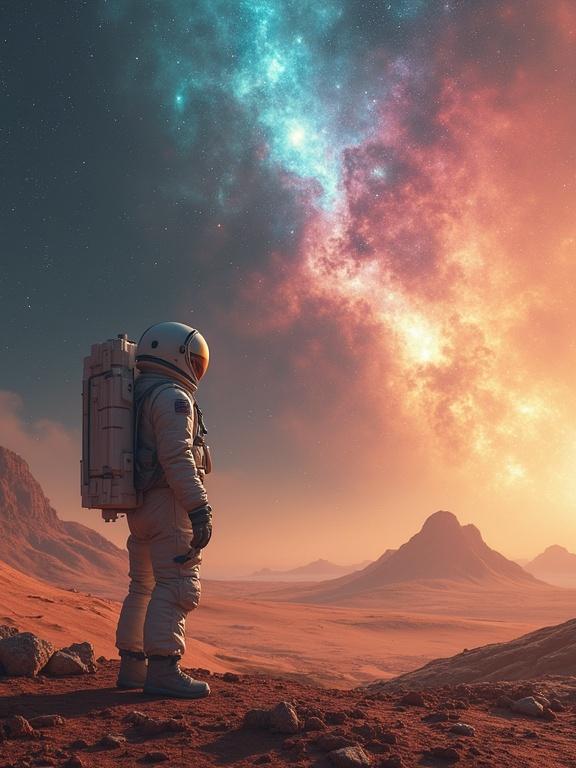 A lone astronaut stands on a desolate planet. The astronaut gazes at a stunning nebula swirling with vibrant colors. The astronaut's visor reflects the cosmic spectacle. The planet's surface is littered with strange artifacts. Rendered in a hyper-realistic style with intricate details.