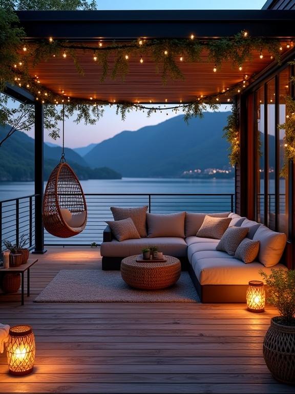 Cozy outdoor deck area with a serene lake view and mountains at twilight. Wooden deck with weathered brown finish. Modern sectional sofa with cushions. Round woven ottoman in front. Warm string lights and lanterns. Hanging plants and hammock chair. Calm lake reflecting sunset colors.
