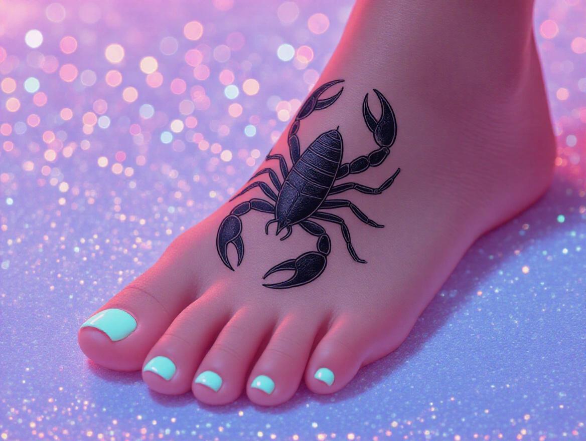 Close-up of a beautiful foot with neon-colored toenails. A black ink scorpion tattoo is prominently displayed on the foot. The background features a sparkly effect to enhance visual appeal.