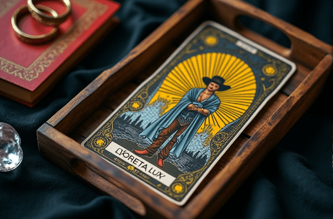 A tarot card depicting a figure in a hat and cape, set against a vibrant radiating background, lies in a wooden box with other items like a red book and rings nearby.