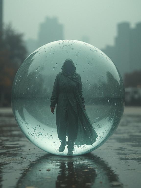 A cloaked human figure stands inside a large transparent sphere. The surrounding area is urban with a foggy atmosphere. The image captures a blend of mystery and surrealism.