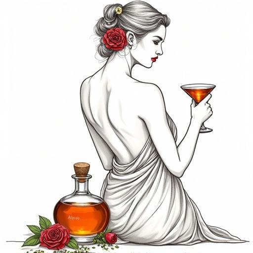 Detailed line art of a venus goddess in mid-thirties from behind head and shoulder. She offers a toast with small cocktail glass. Wearing a lush translucent silk wrap and a flower behind her ear. Golden-reddish lips. Looks over shoulder. One line art on white background. Lower apothecary bottle nearby with golden-reddish glow. Cork lid with elegant hang tag displaying 'ALFRUNO'. Surrounded by roses and green herbs.