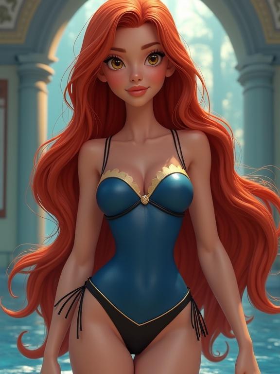 3D exquisite Disney style. A young woman with long red hair and hazel eyes in a blue corseted gown and black bikini. Beautiful swimming pool background.