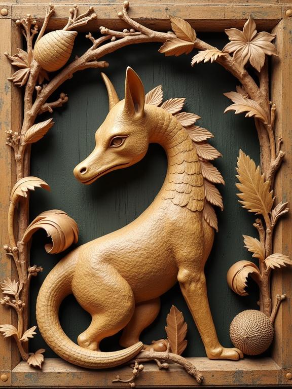 Intricate golden carving of a mythical creature surrounded by leaves and acorns. Ornate frame depicting elements of a cornucopia. Historical artistic style evoking neopteron carvings from 1837.