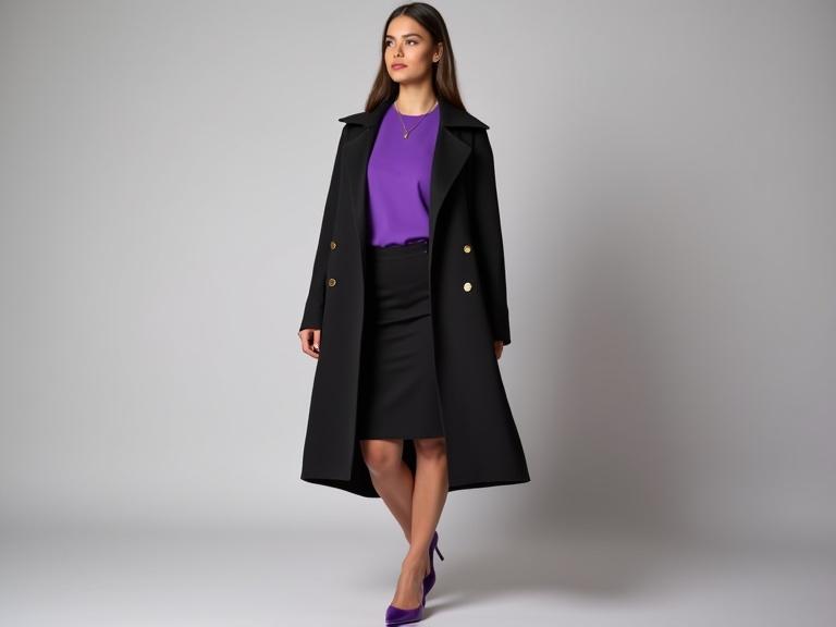 Image of a woman in an elegant black dress. She has a purple high heel shoe and a purple t-shirt over a jacket.