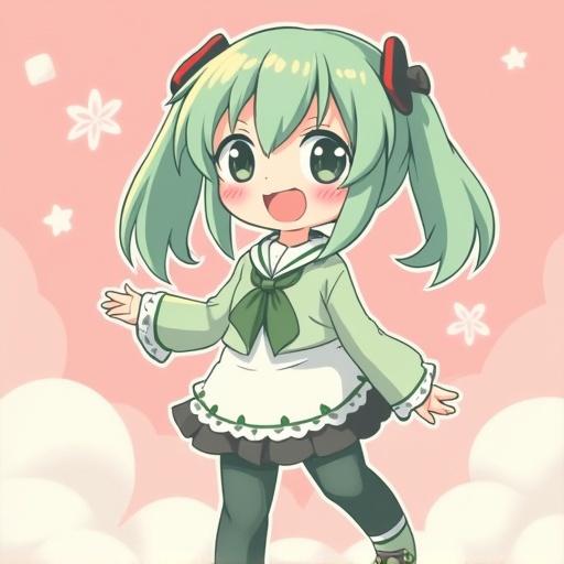 Cartoon anime style character inspired by Akaname. Dull-green and white colors with a pink background. Character has long hair and a playful expression.