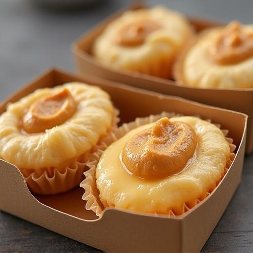 Food like peanut butter and chocolate in transparent boxes. Close view of desserts with peanut butter topping. Placed in a brown cardboard container.