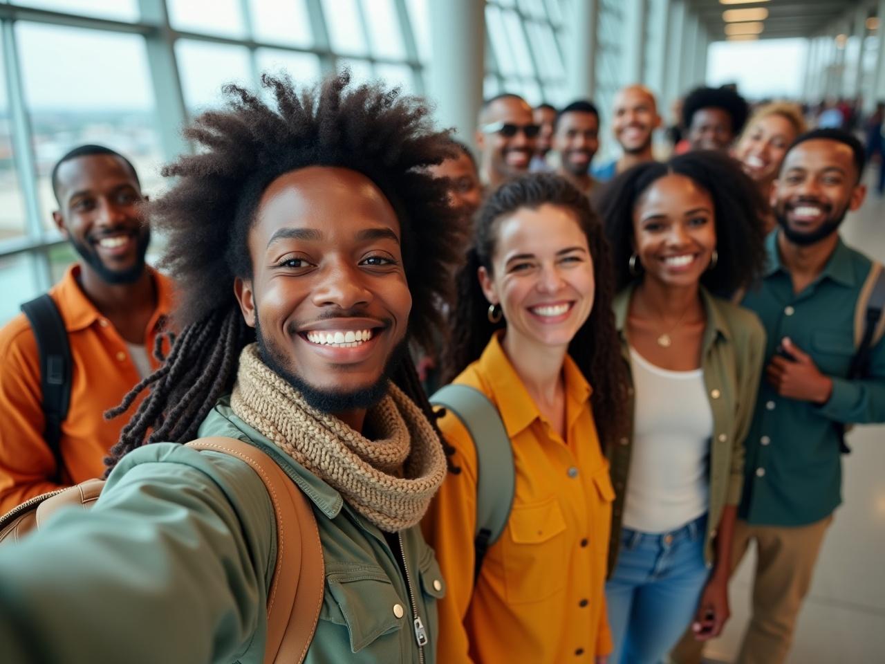 The image captures a large, diverse group of people taking a selfie together in a modern airport setting. They are all smiling brightly, reflecting a joyful and friendly atmosphere. The individuals represent a variety of backgrounds and styles. The background features large windows, letting in ample natural light that enhances the cheerful vibe. This scene is one of camaraderie and celebration, suitable for themes of travel and togetherness.