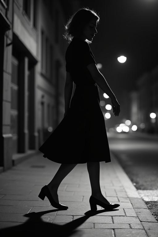 Black and white noir style vertical photo at night. A woman walks with a narrow step. She wears a vintage 1960s mid-calf dress. Classic retro shoes complete her look. Soft lighting highlights her silhouette. The image portrays elegant movement. This evokes a moody atmosphere. Film grain texture adds to the aesthetic.