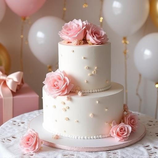 Three layer white birthday cake decorated with light pink roses on a white lace table. Light pink presents and balloons in gold and white add festive touch.