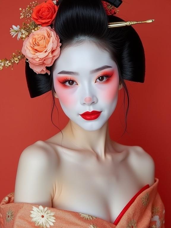 Portrait of a geisha with white makeup. Brightly colored modern studio setting. Vibrant eye makeup and flower accessories. Focus on beauty and cultural elements.