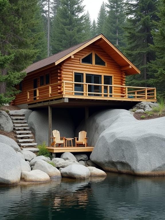 Log cabin built on large gray rocks beside quiet water. Cabin has horizontal logs and a brown roof. Wooden balcony has dark-framed windows. Beneath balcony is light wooden furniture. Set of steps leads to forest. Evergreen trees surround the scene. Water reflects trees and rocks. Overcast lighting creates soft atmosphere.