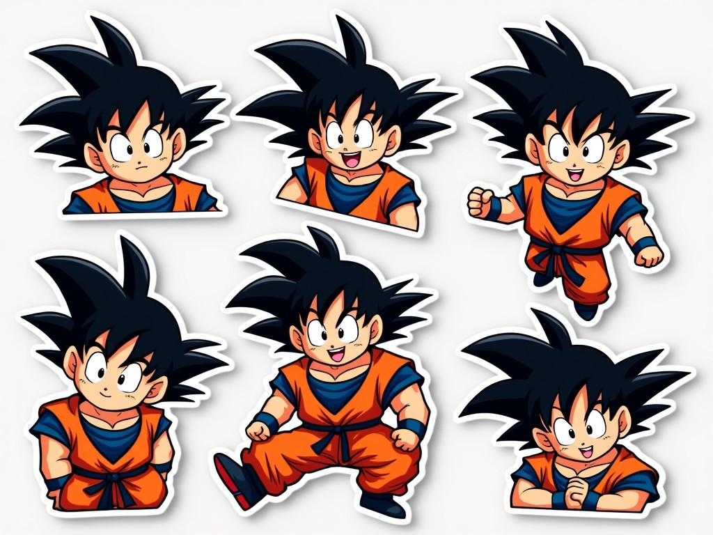 The image features a series of chibi-style illustrations of the character Goku from the Dragon Ball series. Each illustration depicts Goku in various poses and emotional expressions, showcasing his playful and energetic nature. The character is dressed in his iconic orange and blue gi, with his spiky black hair standing out prominently. This style is vibrant and colorful, appealing to both younger audiences and anime fans alike. The collection captures different facets of Goku's personality, from serious to cheerful, making it suitable for diverse applications in art and merchandise.