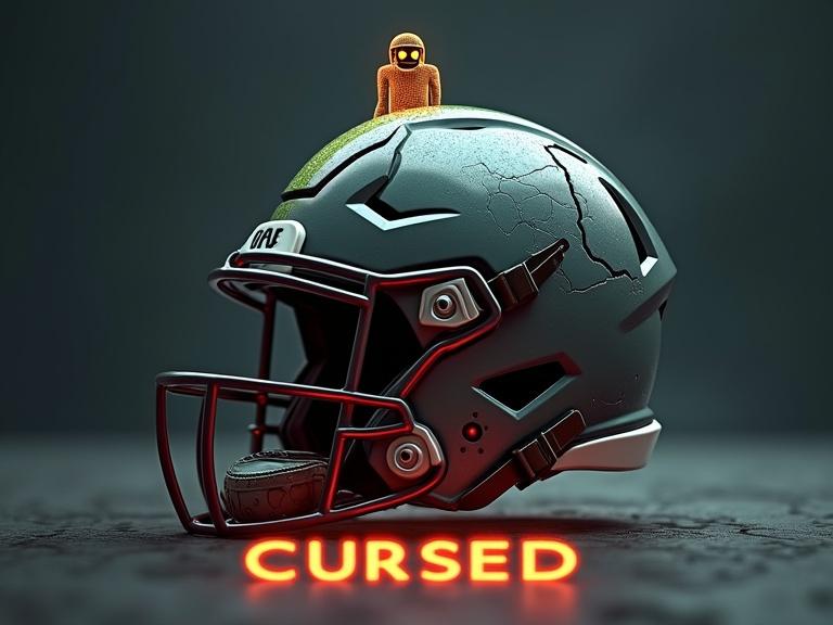 Create a thumbnail design emphasizing horror elements. Image features a football helmet with cracks and a ghostlike figure positioned on top. Text 'CURSED' displayed prominently below. Focus on photorealistic design and glowing accents. Incorporate a dark background with fog for atmosphere. Use a color palette to enhance mystery and urgency.