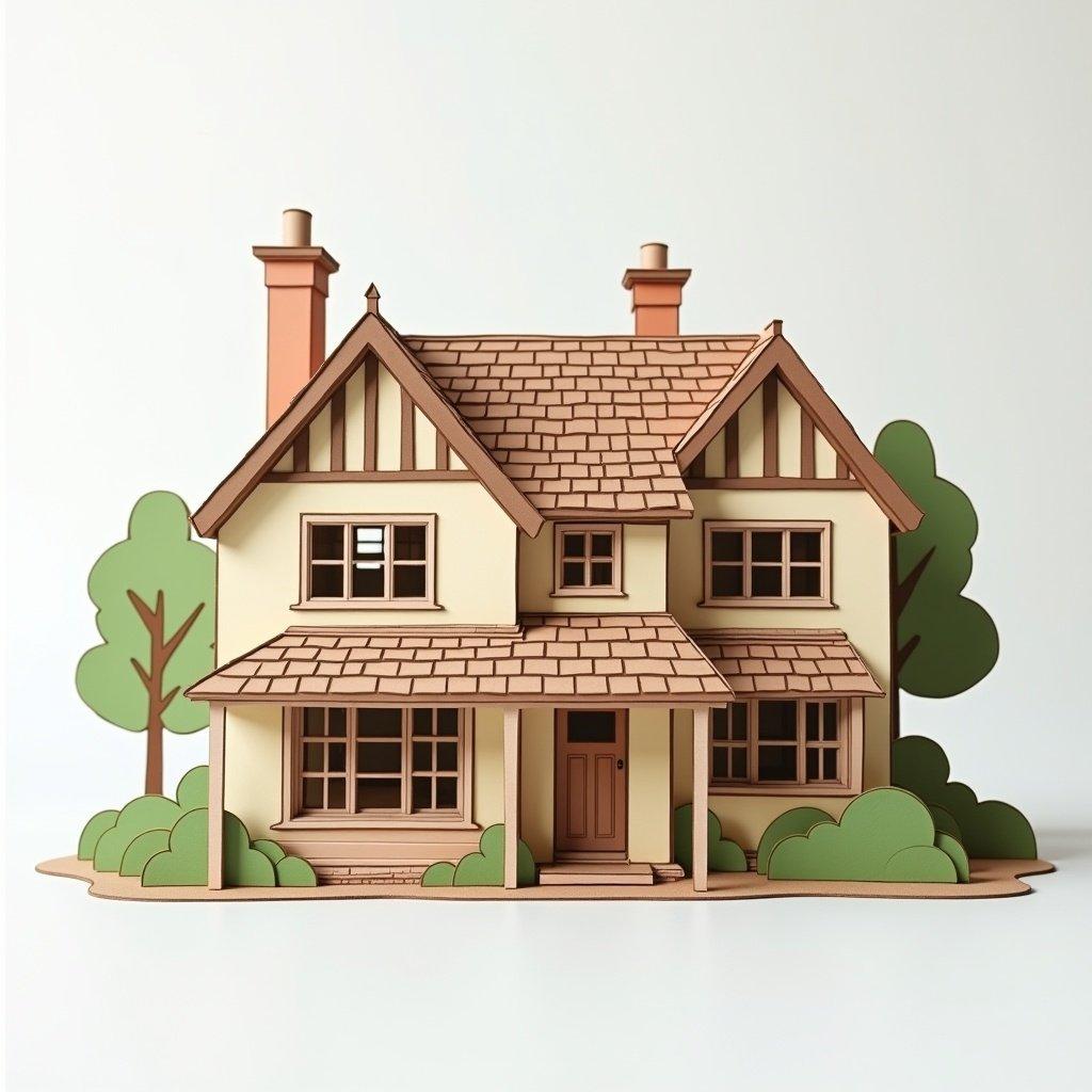 Detailed A4 paper craft house with realistic British architecture. Features include a sloped roof, chimney, windows, and landscaped garden. Ideal for crafting activities.