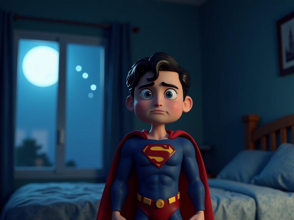 3D animated character Sparky resembling a Superman toy. The character looks conflicted and guilty. Standing near a window in a dark bedroom. Moonlight illuminates the scene with deep blues and silvers. Red cape glowing softly. Starry sky visible outside the window.