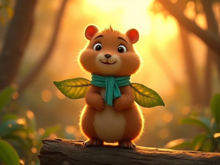 Medium shot of a cute golden-brown capybara on a sunlit log. She has a light teal scarf and leaf wings. The background includes blurred young jungle animals. Soft sunlight creates a warm atmosphere. Uplifting text in Portuguese is at the lower-left. Disney Pixar style with 16:9 aspect ratio.