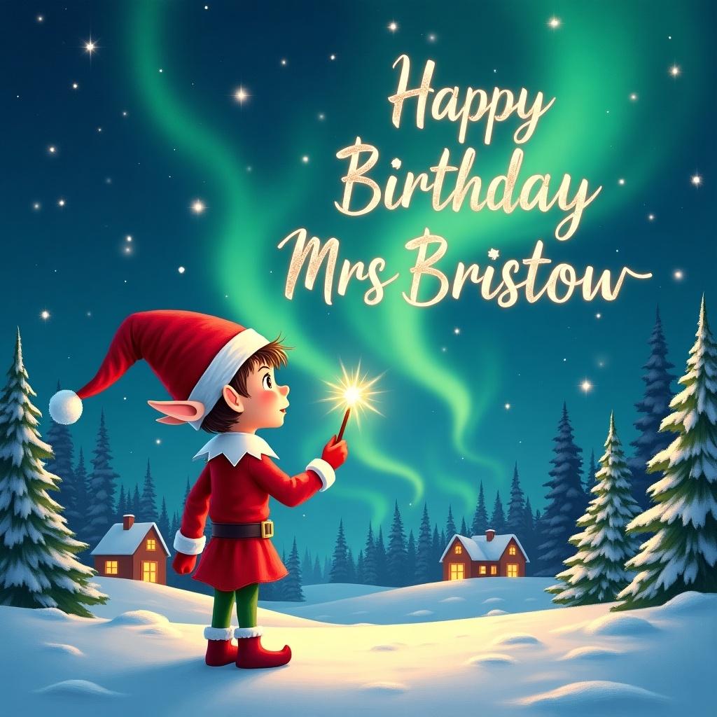 An elf gazes at a magical sky. The elf wears a red outfit and holds a sparkling wand. The elf writes 'Happy Birthday Mrs Bristow' in the sky. Snowy landscape with houses and evergreen trees under Northern Lights. Captures childhood magic and Christmas cheer.