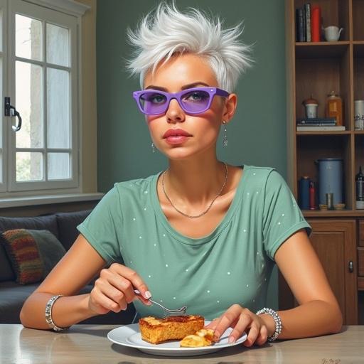 Artistic depiction of a whimsical woman taking breakfast at her kitchen table. She wears a pale green t-shirt with tiny white dots. Her hair is short and white styled in a pixie cut. Purple glasses adorn her face. The setting is a cozy living room with natural light.