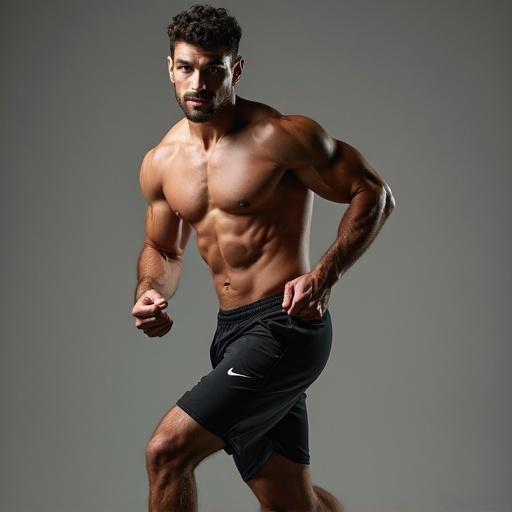 A muscular athletic man poses confidently in fitness attire. The image showcases his strong physique with focused attention on muscle definition and posture.