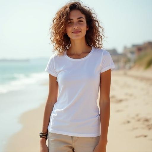 A young woman with light brown curly hair stands near a beach boardwalk with the ocean behind her. She wears a white t-shirt and light beige linen shorts. A bracelet is on one wrist. The t-shirt is fully visible from the front. She has a relaxed expression in the sunlight.