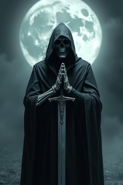 Cloaked figure stands with hands in prayer. Figure has a skeletal appearance. Large moon in background. Figure holds a sword. Dark and atmospheric aesthetic reflecting themes of death and darkness.