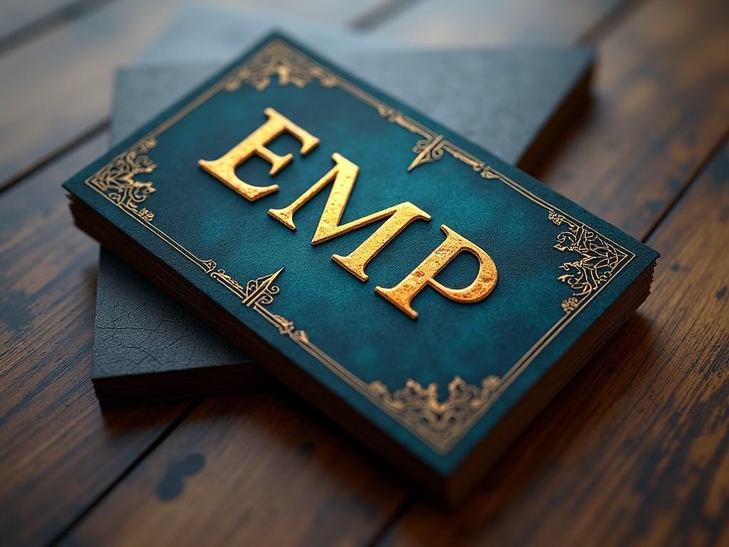 A vintage-style invitation card with the letters 'EMP' in gold against a teal background, placed on a wooden table.