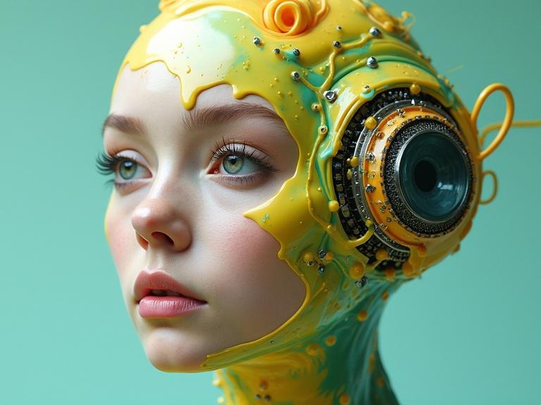 Surreal portrait of a human face with glossy liquid-like texture. Left side features realistic eye and skin. Right side has large mechanical eye with vibrant swirls of yellow, green, blue, and orange. Background is soft teal.